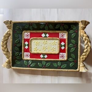 Vintage Studio Nova Ceramic Christmas Tray with Handles Woodland Holly Santa